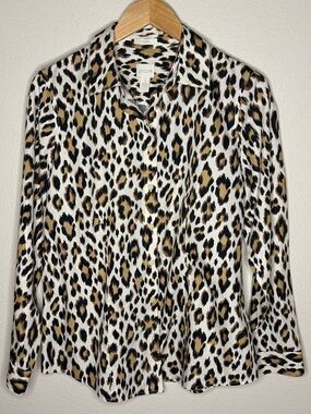 Chico’s No Iron Cotton Shirt Animal Print Buttoned Top Women’s 8 (Chico’s 1)